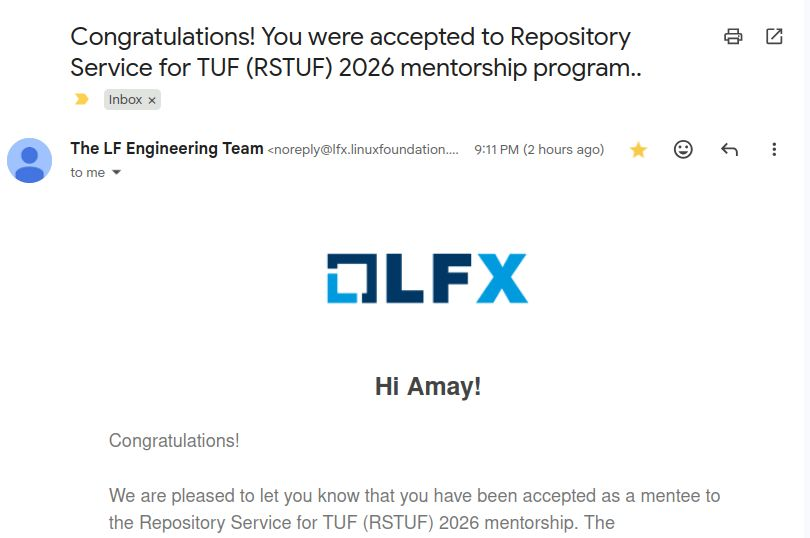 AmayDixit11's tweet photo. Got into LFX'26,
will work on RSTUF for the next few months

Can't wait to begin this journey! https://t.co/NsECfAmfGa