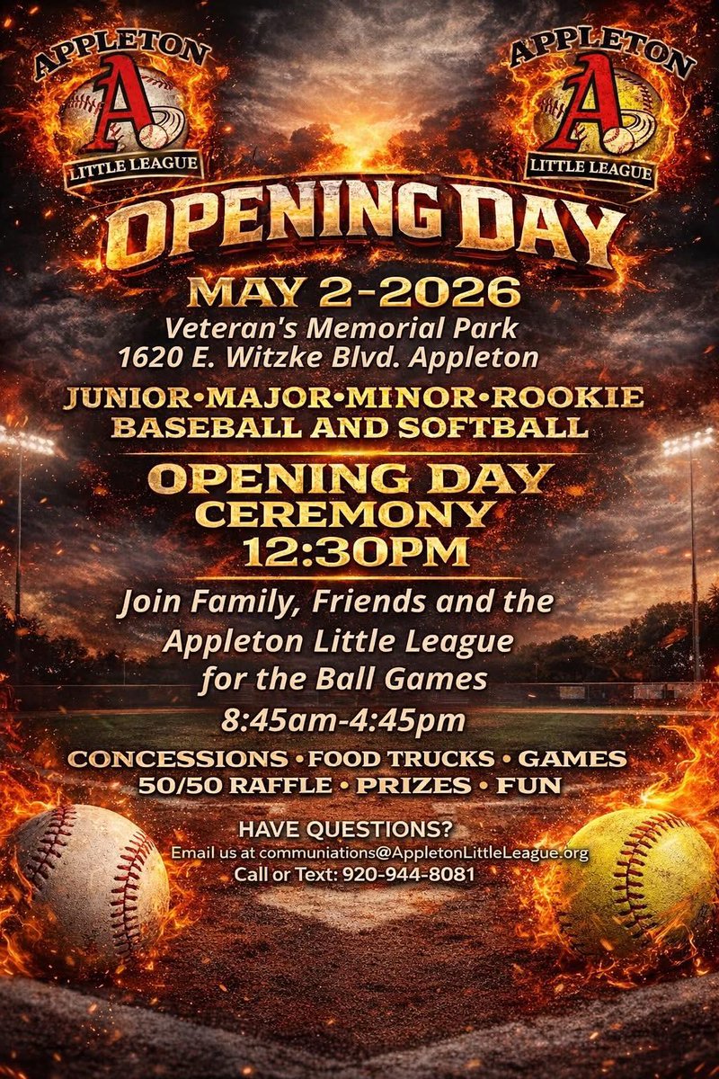 InfernoSubs's tweet photo. Join us now for ⚾️@appletonlittleleague's Opening Day! We're here serving all of your fave gourmet toasted subs, jumbo soft pretzels and more until 3:00PM. It's a beautiful day for baseball and the excitement of the season opening games is in the air. See ya soon!🔥 #infernosubs https://t.co/BclaCDhCwk