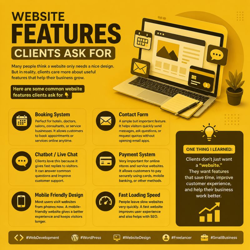 SuptaSaha16677's tweet image. Clients don’t just want a good-looking website 👀
They want features that help their business grow 🚀
✅ Booking
✅ Contact Form
✅ Chat Support
✅ Payments
✅ Mobile Friendly

#WordPress #WebDevelopment #Freelancer