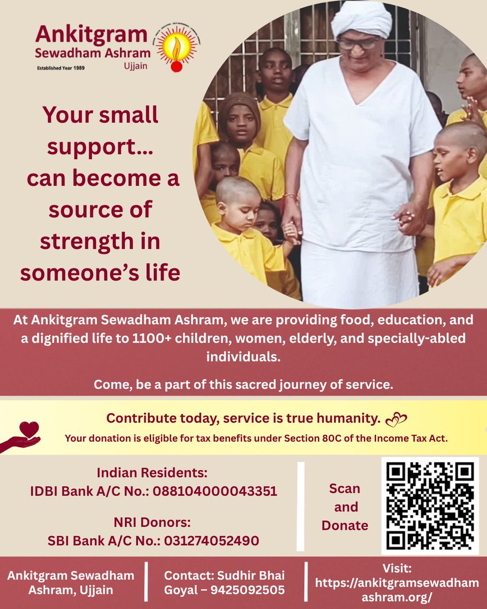 ankitgramngo's tweet image. A small act of kindness can become someone’s greatest strength.

At Ankitgram Sewadham Ashram, Ujjain, 1100+ lives are nurtured with care &amp;amp; dignity.

This journey continues with your support.

Visit at:
ankitgramsewadhamashram.org
#Donation #Humanity #Support #SocialImpact #Seva