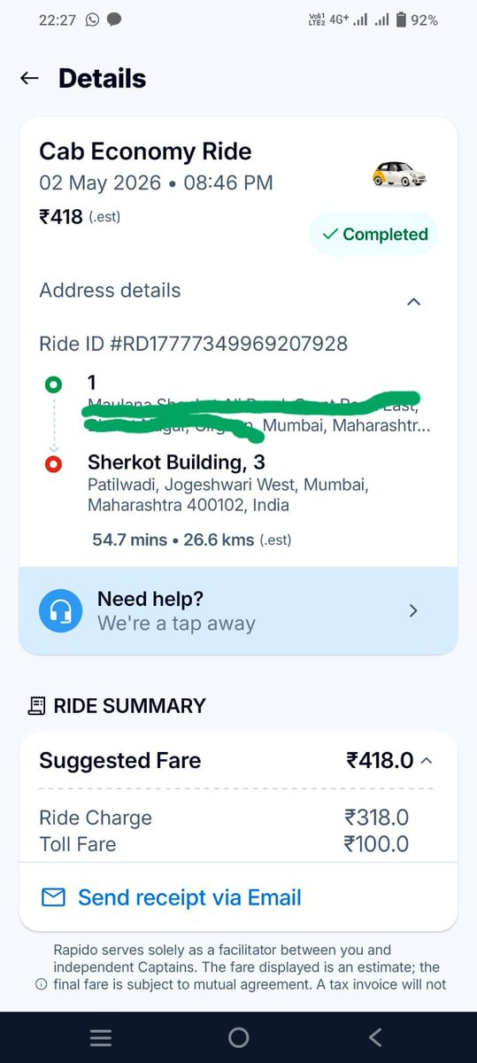 SoapMactavish0's tweet photo. @rapidobikeapp @RapidoCares Really disappointed with Rapido Cabs. Rider stopped mid-ride for fuel, my family waited 20+ mins outside a petrol pump, yet I was charged extra.
Support closed ticket blaming “longer duration”  caused by the rider!
Ride ID: RD17777349969207928 https://t.co/AYniwHu7av