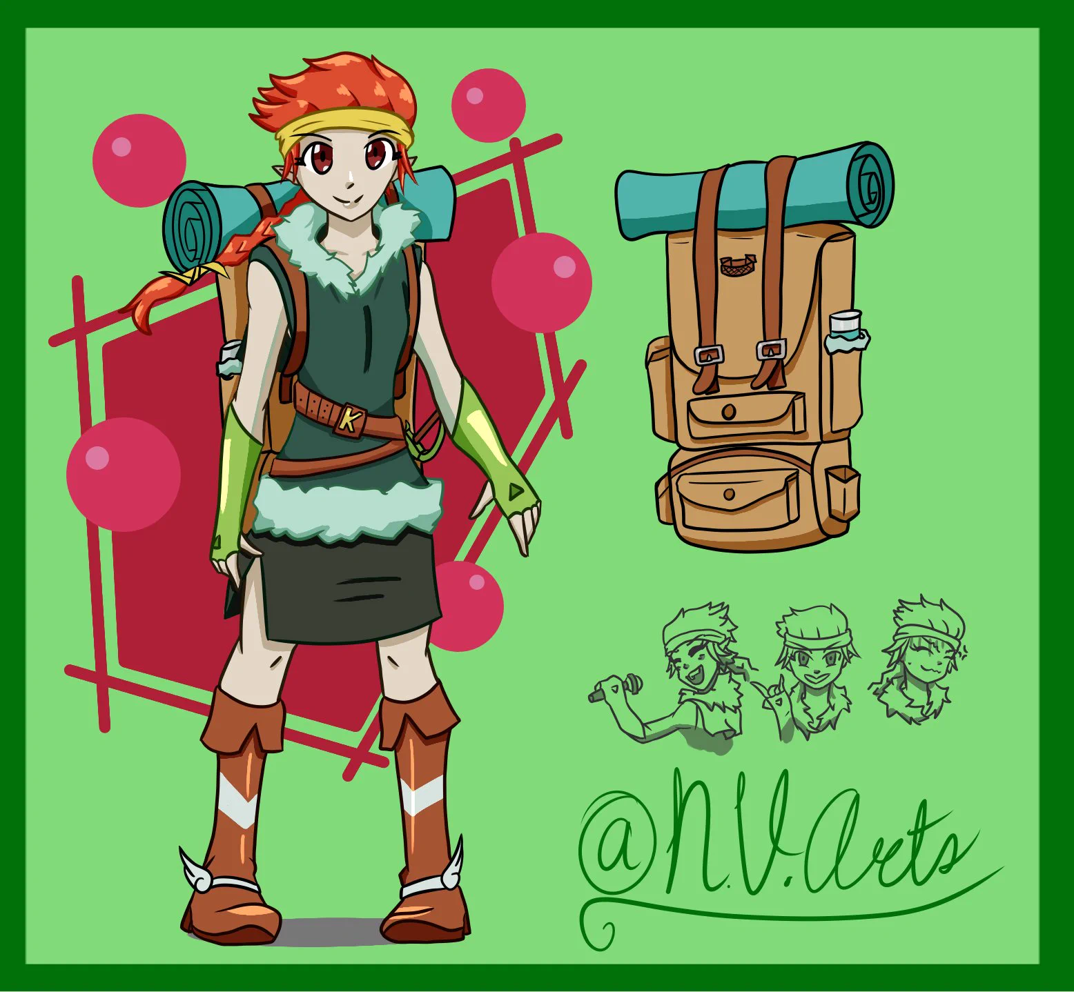 Kithri Tahlins. A halfling bard. She comes with a backpack and a few expression sheets.