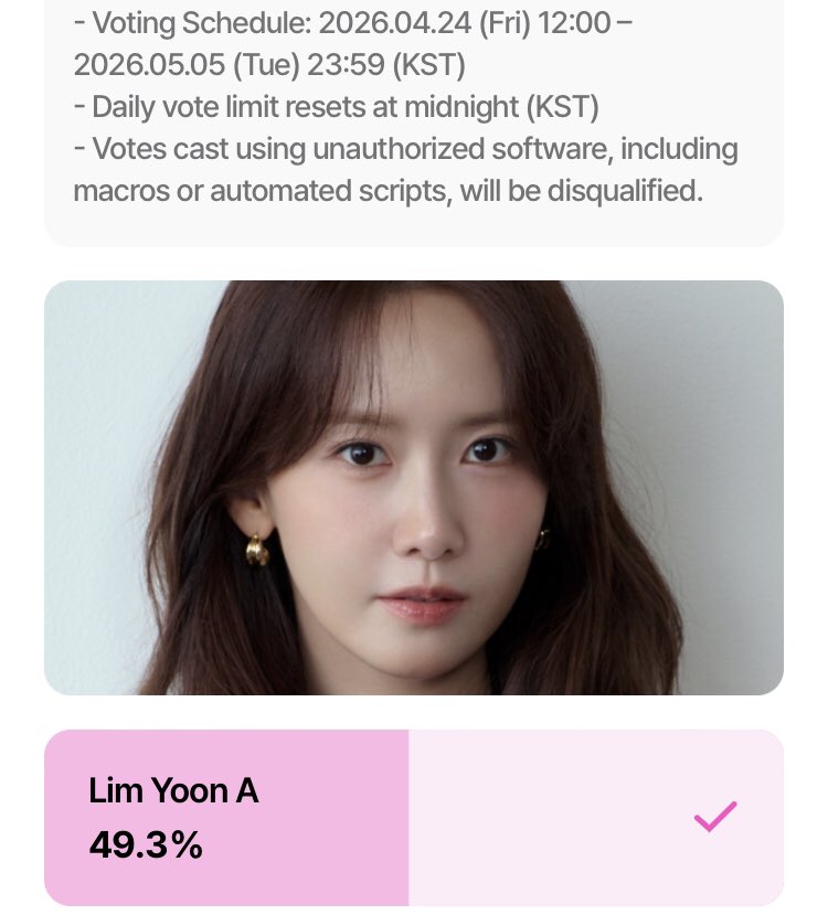 bucinyoona's tweet image. new day new vote‼️‼️

dropped 50 votes before going to bed✨✨

yoonites/yys lets go to sleep and rest for a bit but dont forget to cast your vote as soon as you wake up cs theres only 3 days left‼️🔥🔥

m.entertain.naver.com/poll/polling?i…

#LimYoonA #YoonA