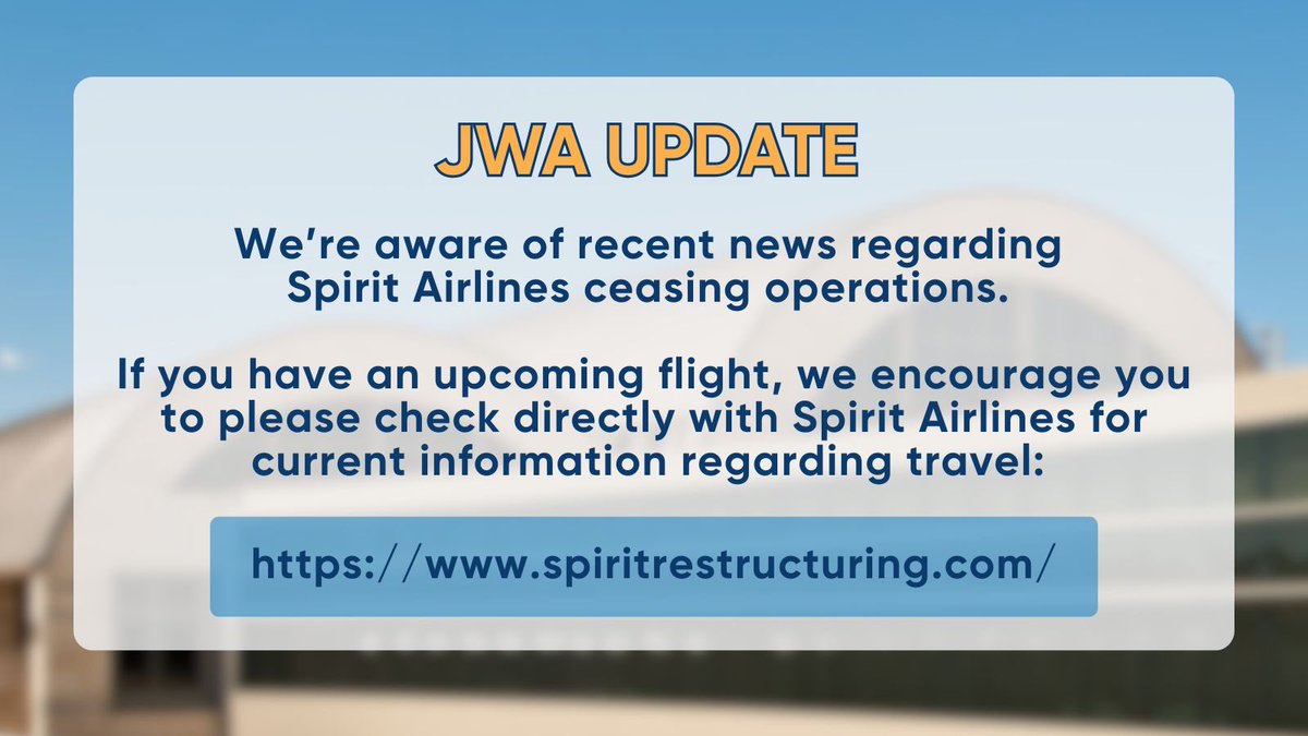 JohnWayneAir's tweet photo. We’re aware of recent news regarding
Spirit Airlines ceasing operations.

If you have an upcoming flight, we encourage you to please check directly with Spirit Airlines for current information regarding travel:

https://t.co/z4YRnfrrMh https://t.co/CXQxzckM5c