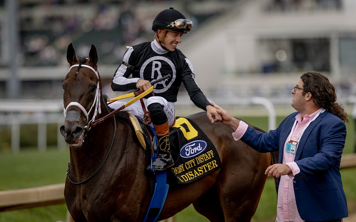 A_Evers's tweet photo. Tyler Gaffalione and @SaffieJosephJr  embrace after R Disaster wins the Derby City Distaff @ChurchillDowns https://t.co/K8BANd02Wd