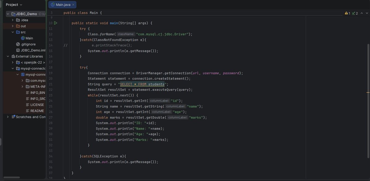 payalbains53359's tweet image. 🚀 Day 5 Backend Journey Practiced CRUD ops with Statement interface 💻
Create 🏗️

Insert ➕

Retrieve 🔍

Update ✏️

Delete ❌

Also brushed up on SQL basics 📚 Step by step, consistency = growth 🌱🔥

#BackendJourney #Java #SQL #CRUD #Coding
