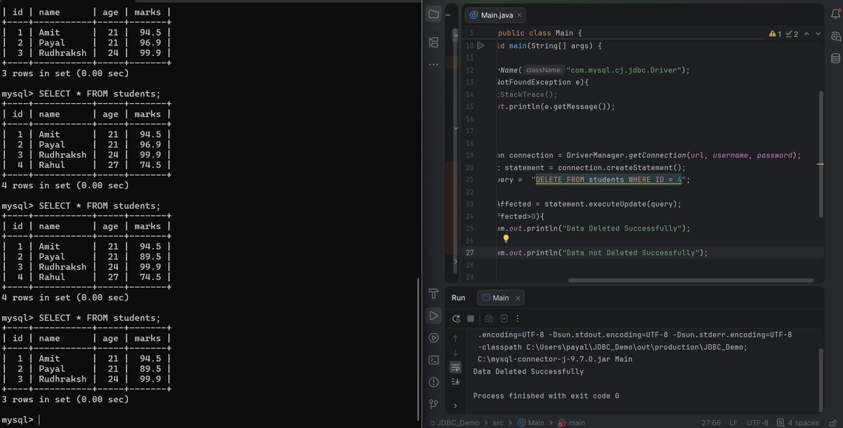 payalbains53359's tweet image. 🚀 Day 5 Backend Journey Practiced CRUD ops with Statement interface 💻
Create 🏗️

Insert ➕

Retrieve 🔍

Update ✏️

Delete ❌

Also brushed up on SQL basics 📚 Step by step, consistency = growth 🌱🔥

#BackendJourney #Java #SQL #CRUD #Coding