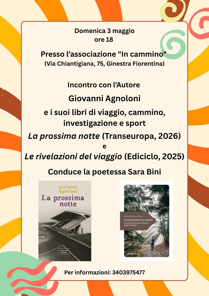 Agnoloni's tweet photo. Ci vediamo domani, domenica 3 maggio, alle ore 18, presso la sede dell’associazione “In cammino” a Ginestra Fiorentina (FI) (Via Chiantigiana, 75), con la poetessa Sara Bini, per parlare de"Le rivelazioni del viaggio" (@edicicloeditore ) e de "La prossima notte" (@TranseuropaEd) https://t.co/11TcfyXgjB