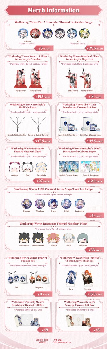Wuthering_Waves's tweet photo. "Echoes of the Stars" Wuthering Waves 2nd Anniversary Party
Info Reveal — Part II
Here's a quick overview of the event-exclusive merchandise and on-site gifts with purchase. Check out the images below for more!

Please note: online reservation for an entry time slot is required in advance. Reservations will be available on May 4th, 20:00 (PT).
Link: https://t.co/ZLkLdRqYM6
Please refer to the Eventbrite page for more reservation details.

✦ Event Date & Time ✦
May 30 – 31, 2026
10:00 AM – 5:00 PM (PT)

✦Event Location✦
Mica Studios, 356 S Mission Rd, Los Angeles, CA 90033

More updates will be shared on our official social media channels—stay tuned!
We look forward to celebrating Wuthering Waves' 2nd anniversary with you!
#WutheringWaves #WuWa2Years #WuWa2ndAnniv #EchoesoftheStars