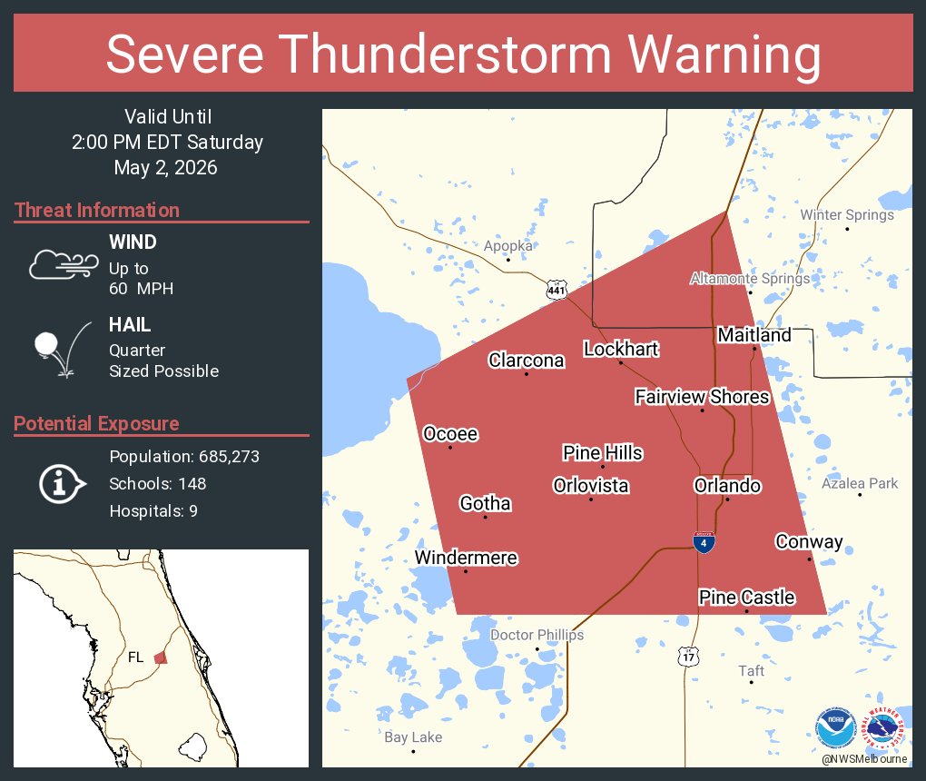 Severe Thunderstorm Warning continues for Orlando FL, Pine Hills FL and ...