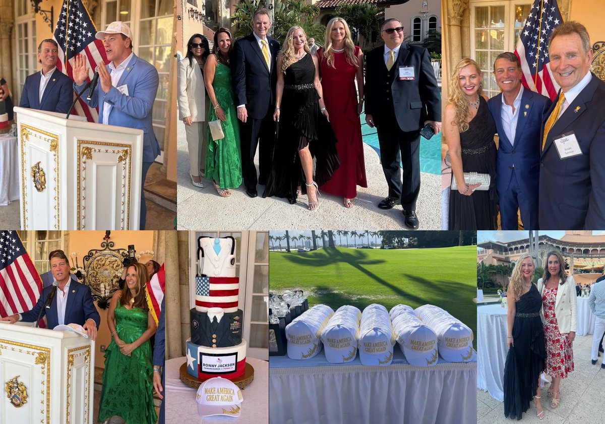 MallMaga's tweet photo. The MAGA Mall Executives Ronald Solomon and Tricia Weldon donate 200 "Gold Make America Great Again" caps to Ronny Jackson’s Birthday Party at Mar-a-Lago.

Notable attendees were Congressmen Pat Fallon and Rich McCormick. Congresswoman Beth Van Duyne, Florida State Representative Meg Weinberger, philanthropist Barbara Feingold and Club 47 USA Vice President Linda Stoch.

The evening started with a reception by the Mar-a-Lago pool. Guests sampled sumptuous hors d’oeuvres and sipped Trump champagne as they hobnobbed with celebrities and politicians. Pat Fallon welcomed everyone and gave a great impression of President Trump. Everyone loved it!

Guests were then escorted to the Gold and White Ballroom next to the pool for a fabulous dinner, where they were treated to fillet mignon and scallops served with Trump wines.

Ronny thanked everyone for their generosity and spoke about the great achievements of the Trump administration and what an honor it is to serve in Congress and help President Trump with his agenda. The evening raised over $1.6 million and was a resounding success. Everyone had a great time.

Every election cycle The MAGA Mall executives Ronald Solomon and Tricia Weldon donate over 100,000 caps to Trump endorsed candidates and conservative causes. At these functions, Ron and Tricia make sure every attendee receives one of their fine quality caps.

https://t.co/COiraiFb14 

https://t.co/PMraMBsE9P