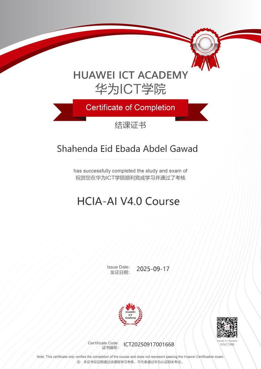 alma_solo1's tweet image. Happy to share that I have successfully completed the HCIA-AI V4.0 course from Huawei ICT Academy! 🚀 Ready for the next steps in the world of AI. 💡💻
​#Huawei #ICTAcademy #AI #MachineLearning #HCIA