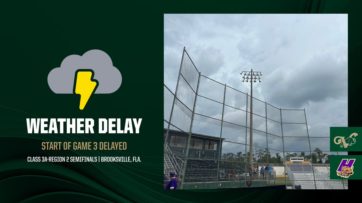 _VHSBaseball's tweet photo. The start of Game 3 will be delayed because of severe weather approaching in Brooksville. An update will be provided as soon as it becomes available. https://t.co/mQVHlN2NZ9