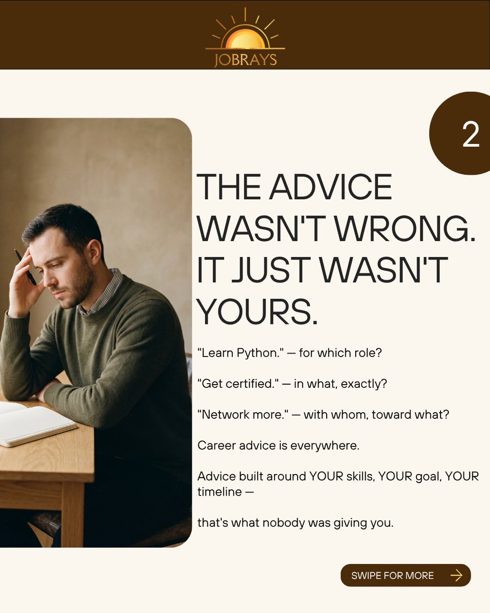 JobRays_'s tweet image. everyone gives career advice. nobody gives you a plan built for you specifically.
"learn python" — for which role? "network more" — toward what exactly?

#CareerGrowth #CareerAdvice #JobSearch