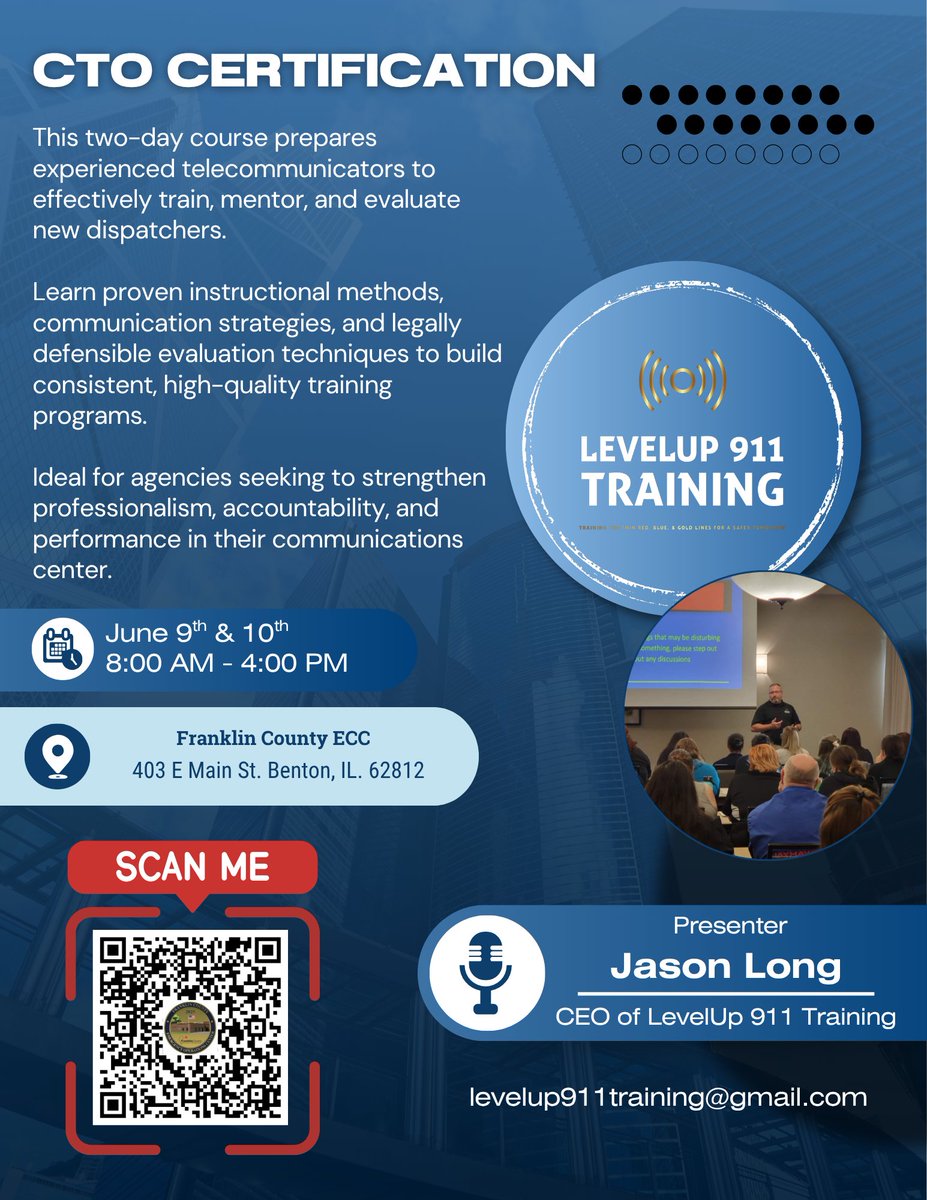 911Levelup's tweet photo. 🚨 CTO Course Coming to Benton, Illinois 🚨

We are excited to bring our CTO Certification Course to Benton, Illinois!

🎯 Seats are limited, don’t wait!
📲 Scan the QR code on the flyer or click the link to register! https://t.co/ZINf5LVd1I

#LevelUp911 #911Training #CTO https://t.co/8TFOurFn9r