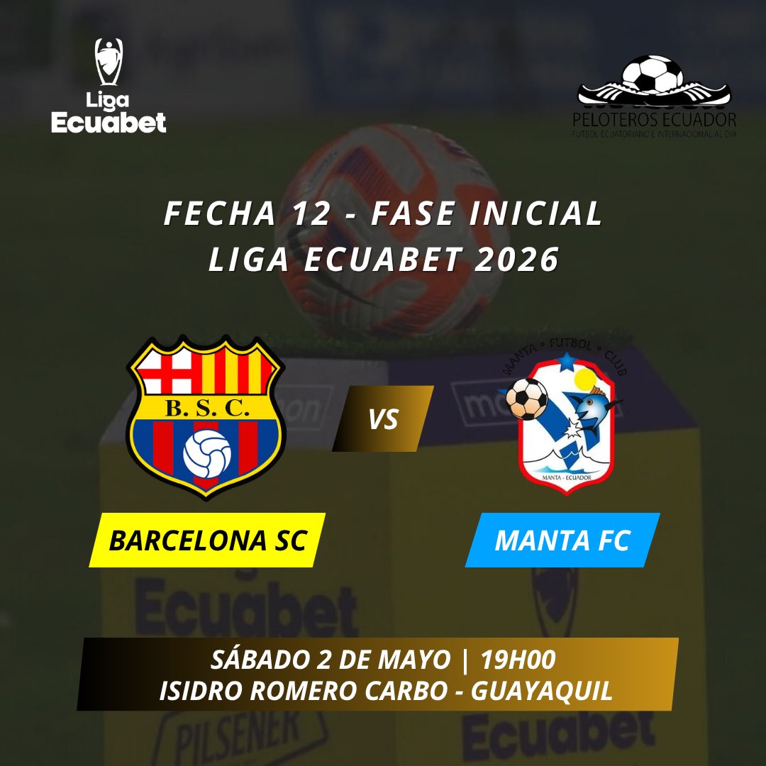 🏆 Fecha 12 - Fase Inicial | #LigaEcuabet 🇪🇨
⚽️ #BarcelonaSC 🆚️ #MantaFC 
📅 Sábado 2 de mayo 
🕓 19h00
🏟️ Isidro Romero Carbo
📍 #Guayaquil 
📺 <a href="/zapping_ecu/">Zapping Ecuador</a>