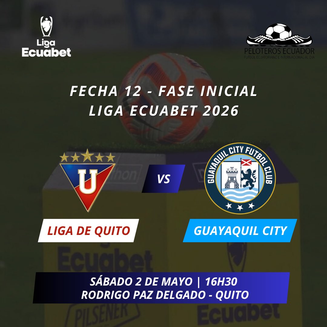 🏆 Fecha 12 - Fase Inicial | #LigaEcuabet 🇪🇨
⚽️ #LDUQ 🆚️ #GuayaquilCity 
📅 Sábado 2 de mayo 
🕓 16h30
🏟️ Rodrigo Paz Delgado
📍 #Quito 
📺 <a href="/zapping_ecu/">Zapping Ecuador</a> - <a href="/ecuavisa/">Ecuavisa</a>