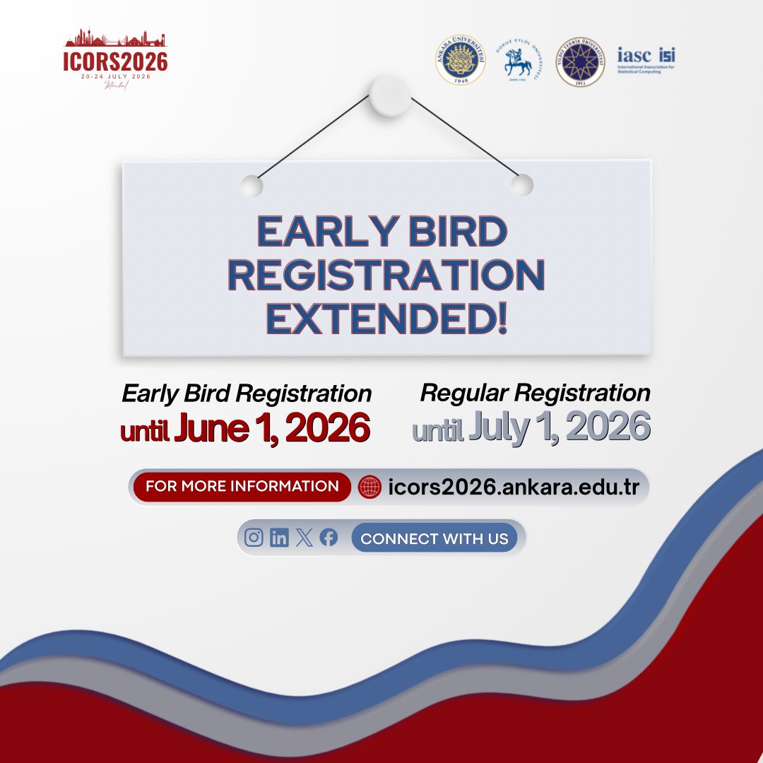 icors2026's tweet photo. 📩 Registration deadlines for ICORS2026 have been extended!

✅ Early Bird Registration: until June 1, 2026  
✅ Regular Registration: until July 1, 2026

Join researchers and professionals in robust statistics from around the world in İstanbul.

🌐 https://t.co/Ue50I4mQ0s https://t.co/JgRhkR45rp
