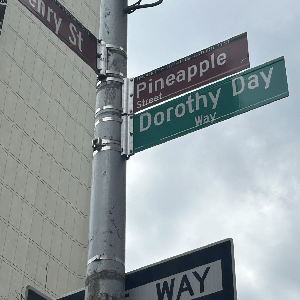 A new street sign Dorothy Day on Pineapple St in Brooklyn, where she was born in  1897. <a href="/kevin_ahern/">Kevin Ahern</a>