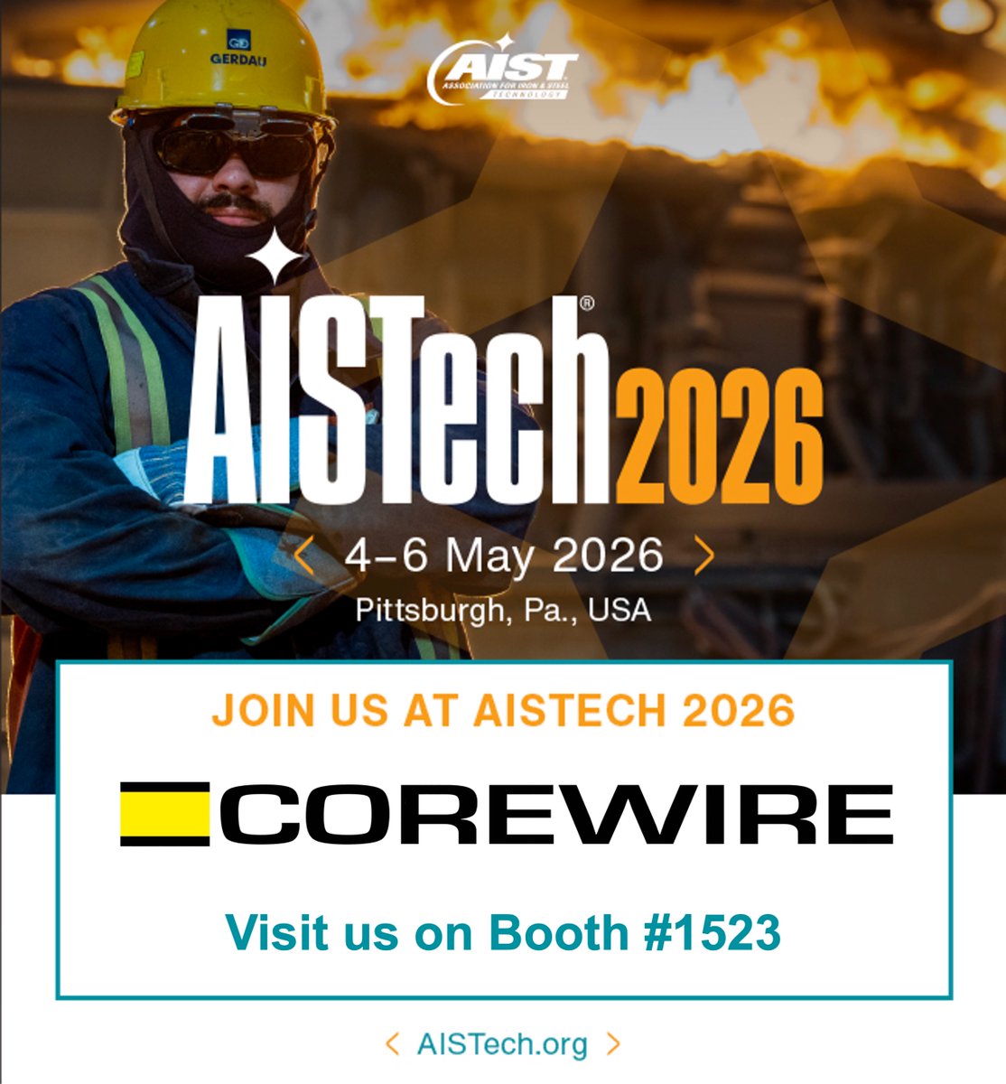 CorewireLtd's tweet photo. Cannot wait for the start of AISTech 2026. Come and visit us on Booth #1523. Looking forward to a busy week. Drop by to discuss everything #hardfacing, #rollwelding, #diewelding and more.

#Weldclad #Forgeweld #Corewire @AISTSteelNews  @AISTech https://t.co/SKi4ycHWyg