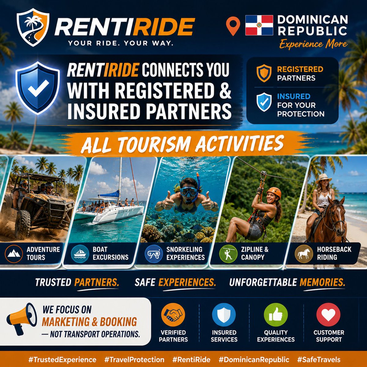 rentiride's tweet photo. 🤝 RENTIRIDE connects you with registered and insured partners. We focus on marketing &amp; booking — not transport operations. #TrustedExperience #TravelProtection #RentiRide #DominicanRepublic #SafeTravels https://t.co/d3rpmDOShS