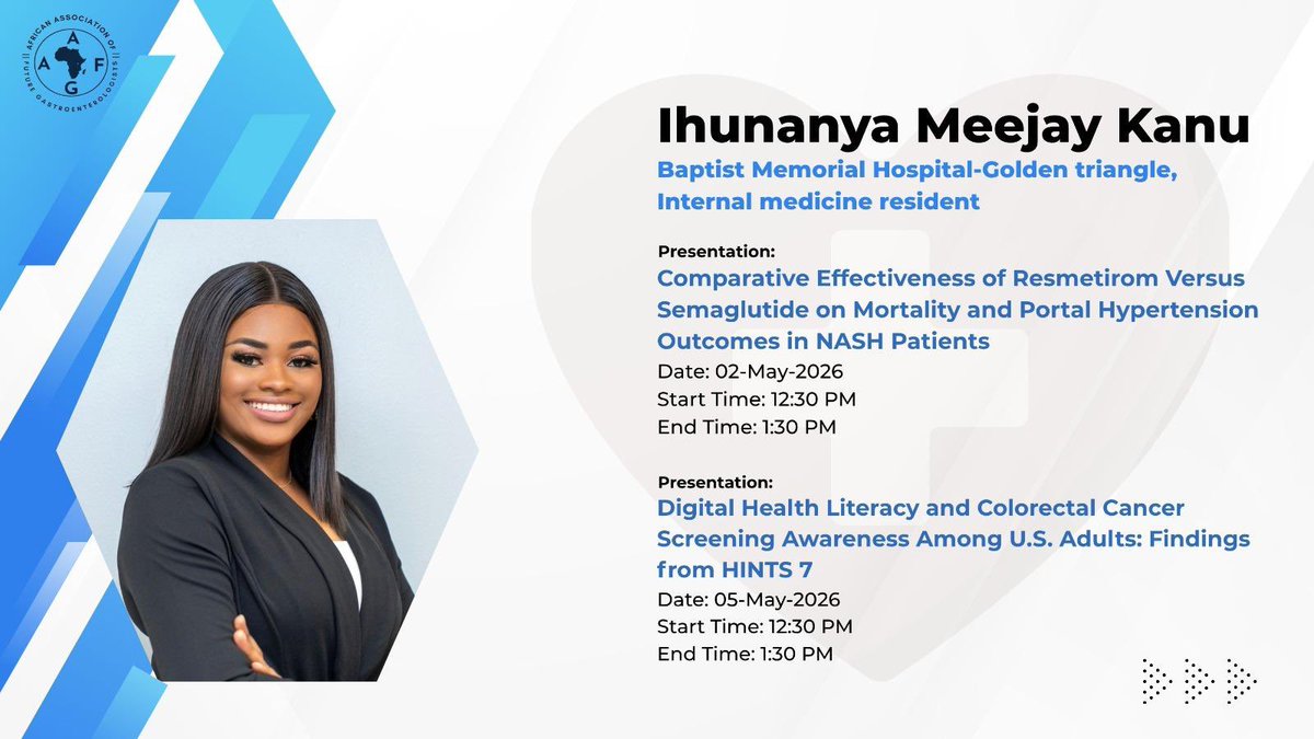 AAFG_2021's tweet photo. Join Dr Ihunanya Kanu  at @DDWMeeting 

She is an internal medicine resident.

#FutureGastroenterologist 

#DDW2026 https://t.co/AQ9zjL4m6J
