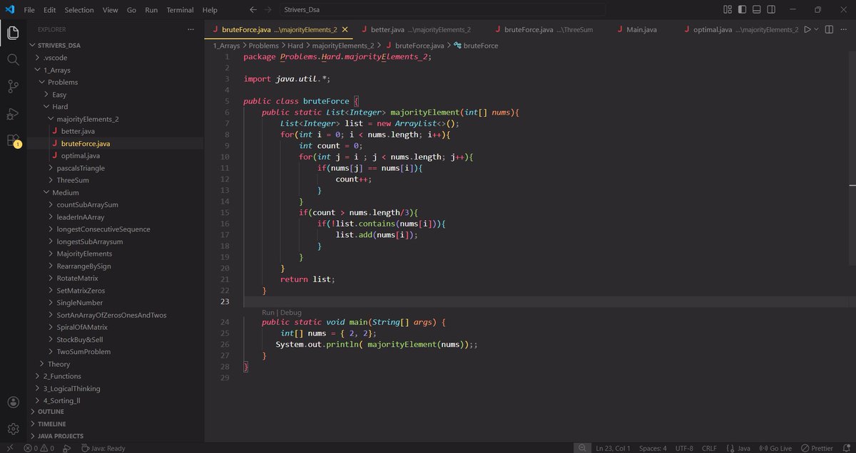 ShaileshYa66107's tweet image. Day 41 of DSA : 
Solved : 
✅Majority Elements ( &amp;gt; N/3 times )
        Approaches used are : 
         ☑️BruteForce 
         ☑️Better ( Hashing )
         ☑️Optimal ( Moore's voting algo ... for 2 elements) 
#DSA #Java #CodingJourney #LearnInPublic #Consistency