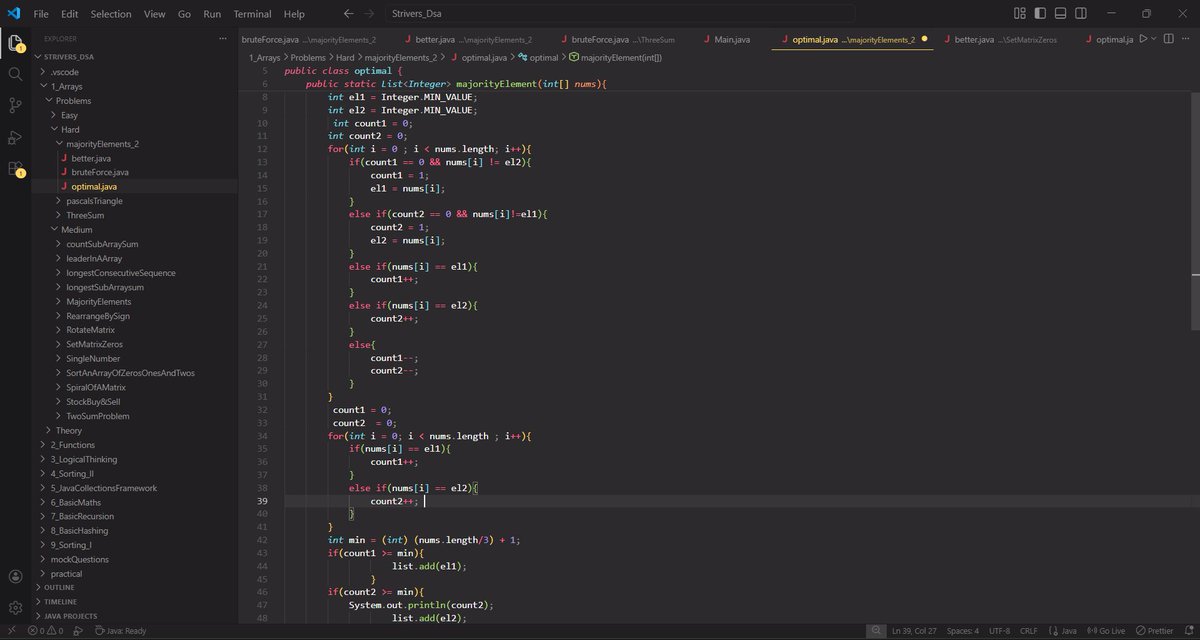 ShaileshYa66107's tweet image. Day 41 of DSA : 
Solved : 
✅Majority Elements ( &amp;gt; N/3 times )
        Approaches used are : 
         ☑️BruteForce 
         ☑️Better ( Hashing )
         ☑️Optimal ( Moore's voting algo ... for 2 elements) 
#DSA #Java #CodingJourney #LearnInPublic #Consistency