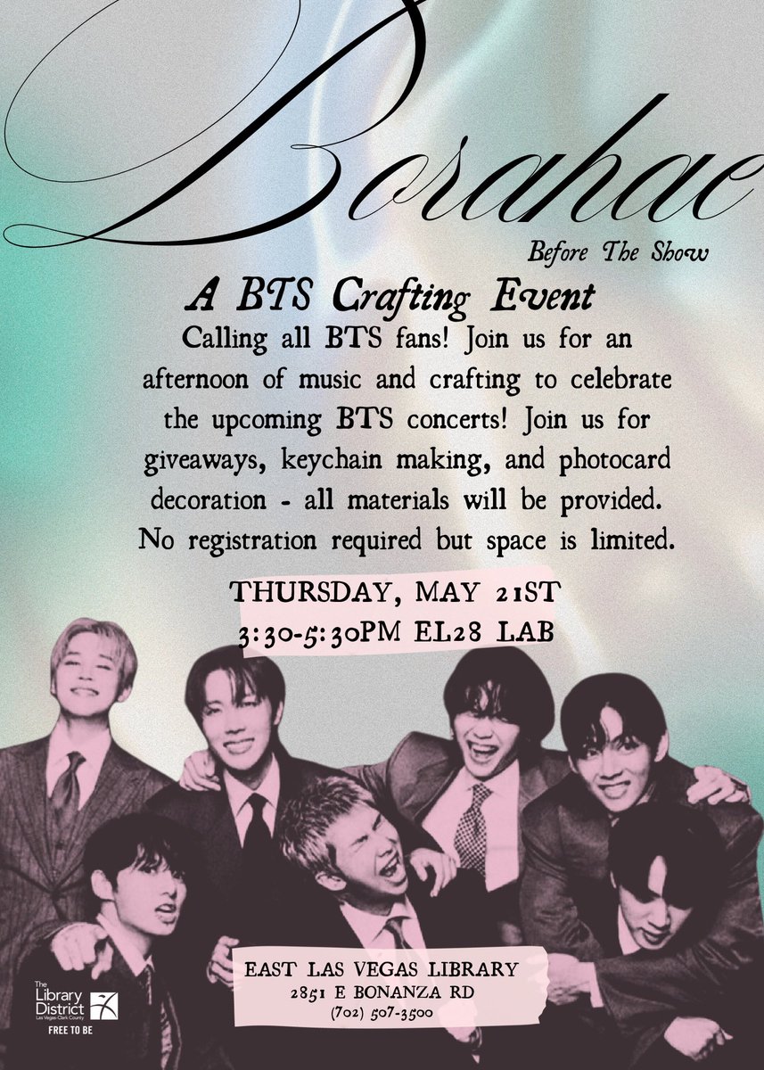 uhnamjoon's tweet photo. vegas armys! don’t forget to stop by my event at the east las vegas library on may 21st! some pictures of what we’ll be crafting will be below. remember everything is completely free so please stop by for a fun afternoon at the library! https://t.co/x4vq4o5Euf