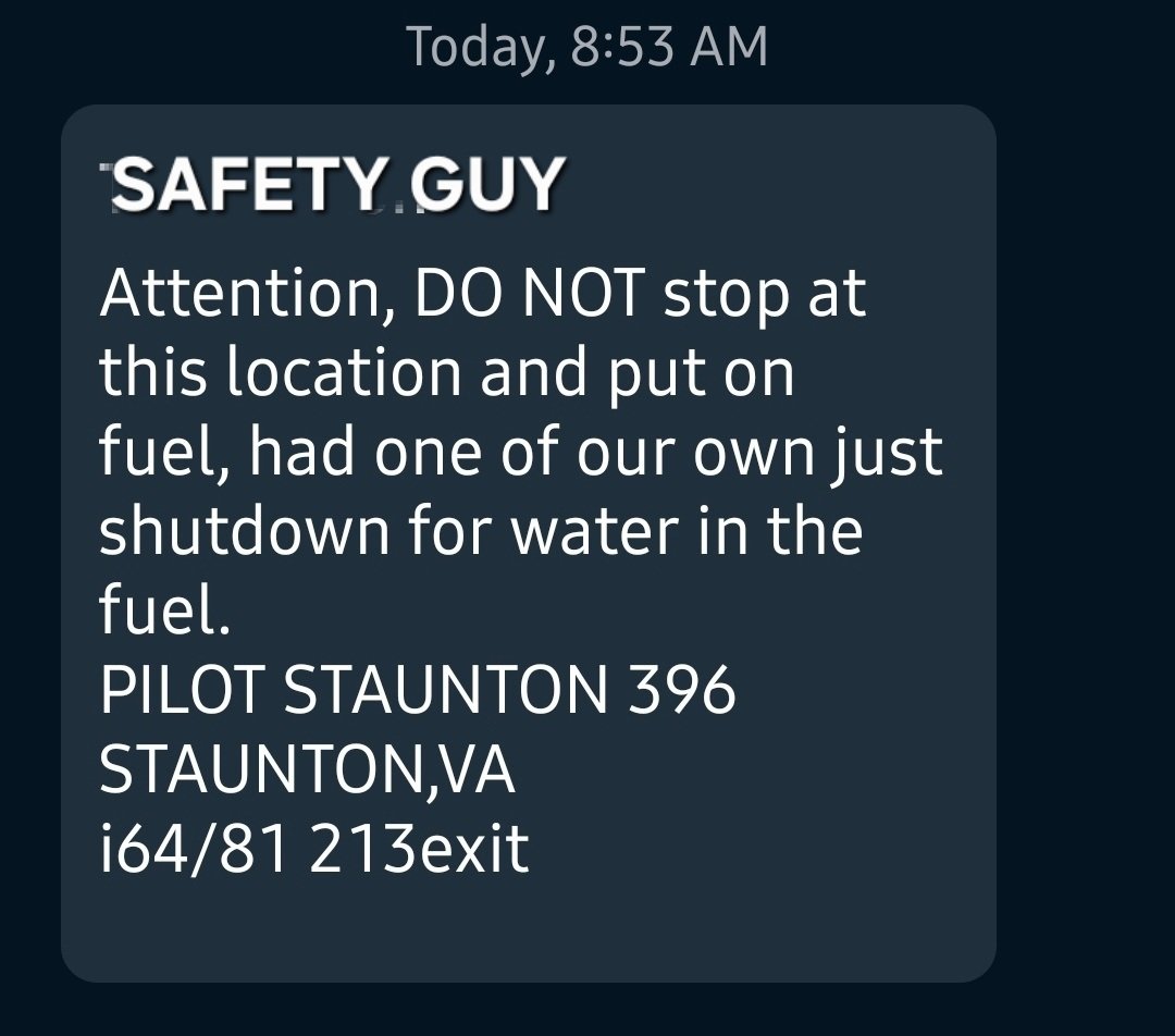 BTrey31's tweet image. @FMCSA @OOIDA @CVSA @atutruckers
I was wondering how long it would take for some of these truck stops would start cutting the fuel with other liquids...
H2O this time. Attchd msg from our Safety Guy... 👇🏻 #trucking #dieselprices