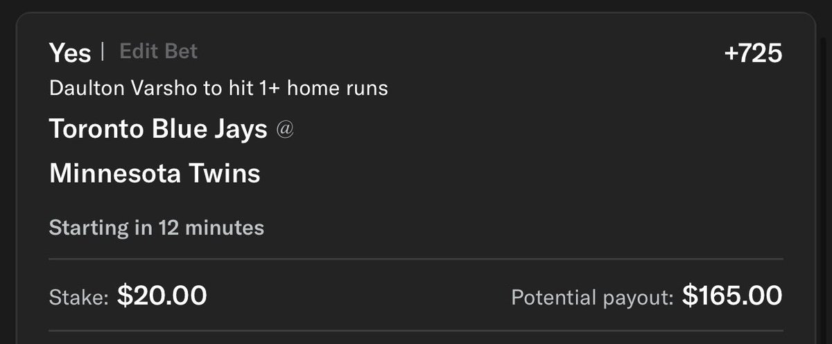 ClarenceBets's tweet image. 5/02 MLB Home Run 

Daulton Varsho +725 .5u

Let’s see the Balls fly or something 

#mlb #boost #prop #parlay #sgp #ev #wager #clarencebets #sharp #dinger #homerun #freepicks #sportsbetting