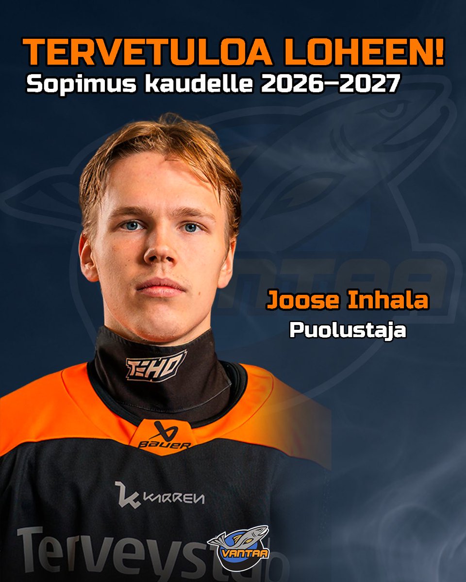 KiekkoVantaa's tweet photo. Joose Inhala lohipaitaan kaudella 26â27 đ„
Kiekko-Espoon kasvatista KooKoon U20-joukkueeseen tiensÀ pelannut Inhala nÀhdÀÀn Kiekko-Vantaalla tulevalla kaudella. MenneellÀ kaudella KooKoon U20-varakapteenina toiminut Inhala iski 37 ottelussa tehot 7+15=22.
#KVantaa #Mestis https://t.co/iOIZDpmHXR