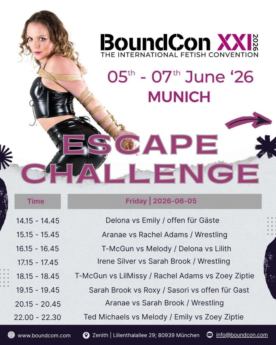 BoundCon_Munich's tweet photo. 🔥 ESCAPE CHALLENGE @ BOUNDCON 🔥
How long will it take you to break free? 
🖤 The binder versus the model.
🖤 Technique versus intuition.
🖤 Control meets the unconditional will to break free. 
Every round is different. Every solution a surprise. Every attempt is a little game between control and freedom.

Bondage, movement, strategy and the question of how far you’ll go to free yourself.
A few places have been deliberately left open – for anyone brave enough to take part in the challenge.

👉 Come along, watch or take part in the challenge yourself
👉 Registration available on the day at the Escape Stage

Ultimately, it’s not just about winning,
but about the moment in between.

🖤 Watch. Feel it. Or be part of it.

Come closer, feel the energy and experience one of the most intense moments of the fair’s programme up close.
Are you ready?