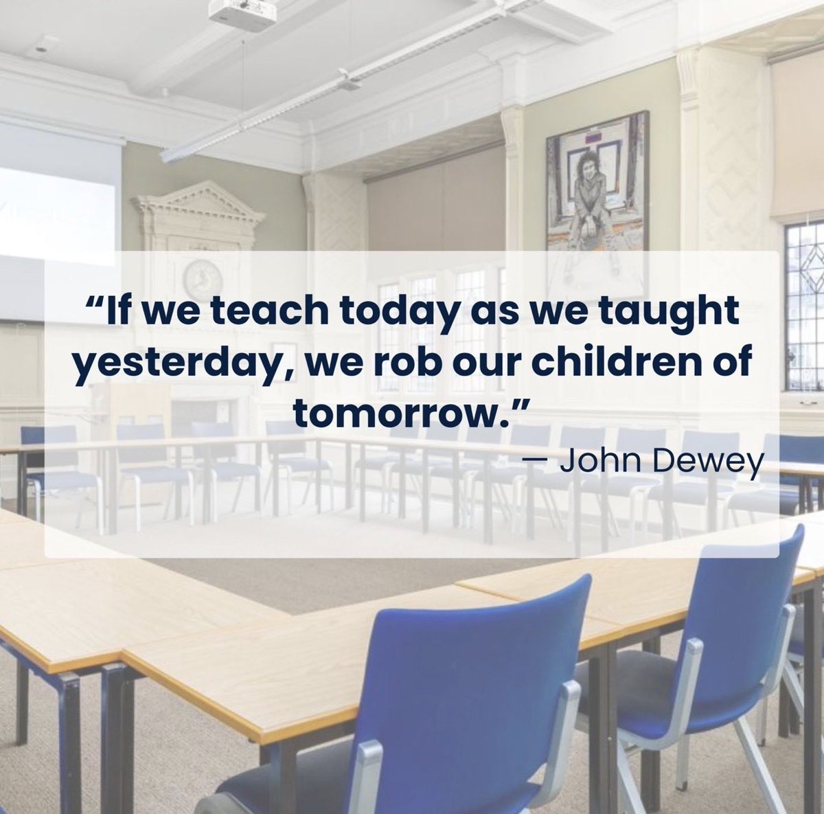 DrEscotet's tweet photo. «Si enseñamos hoy como enseñábamos ayer, les estamos robando el futuro a nuestros niños».

John Dewey

“If we teach today as we taught yesterday, we rob our children of tomorrow.” https://t.co/vpdb0qty54