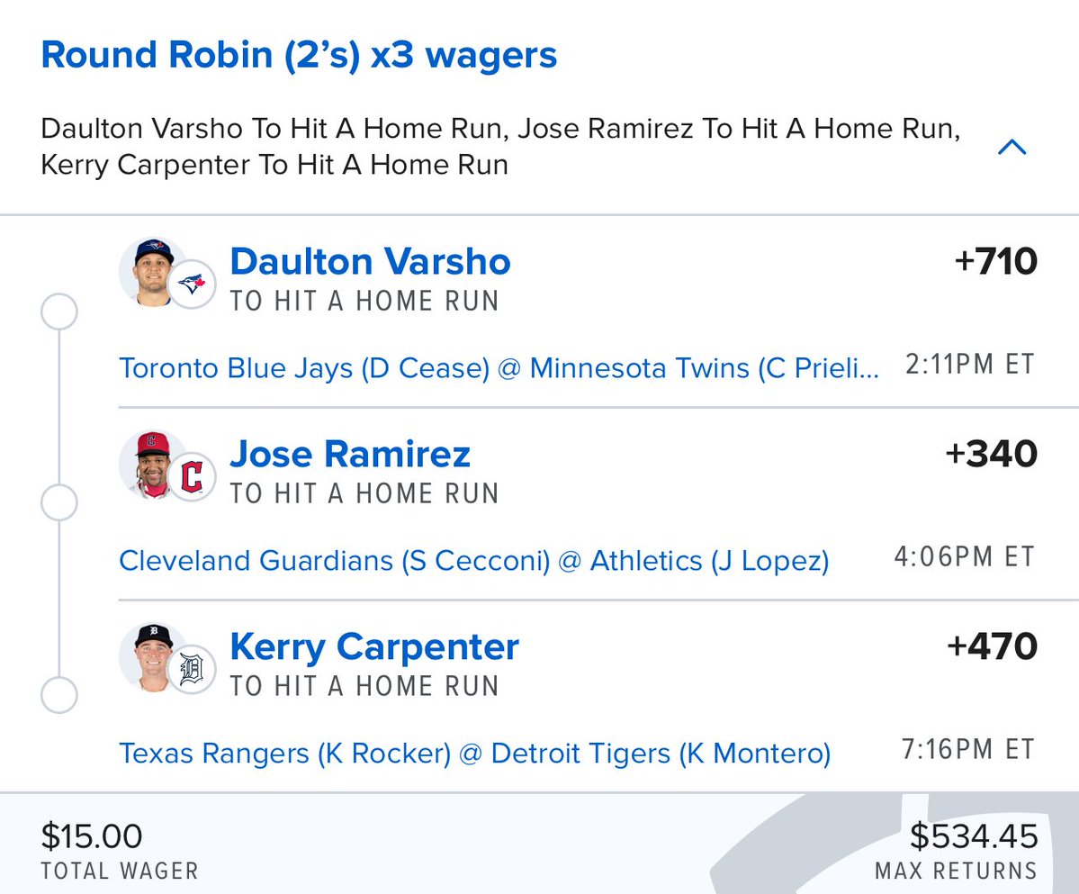 ClarenceBets's tweet image. 5/02 Home Run Parlay and RR Boosted

RR +3483 .38u
Lay +25280 .125u

First pitch starts soon.

#mlb #boost #prop #parlay #sgp #ev #wager #clarencebets #homerun #dinger #freepicks #sportsbetting #sharp #laser