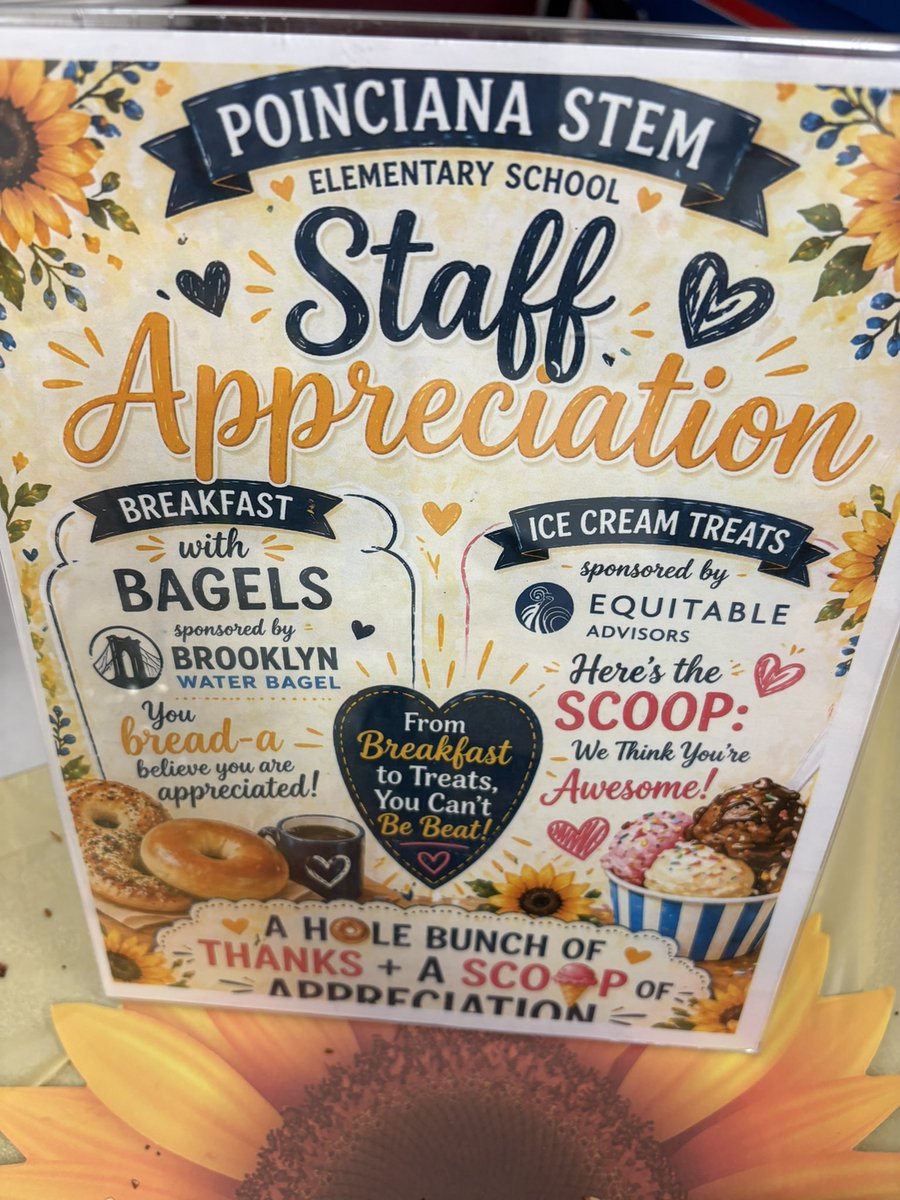 LaCristaParker's tweet photo. Final day (Day 5) of Teacher/Staff Appreciation Week @PoincianaStem! 🎉 @bklynwaterbagel this morning &amp; @EquitableFin sponsored ice cream to top it off—because our amazing team deserves it all!🥯🍨#StaffAppreciation @pbcsd @S_Stockman3 @InstSupSteiger @RachelCapitano @southPbcsd https://t.co/6iyX8Nn2Rf