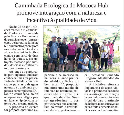 mococahub's tweet photo. 1ª Caminhada Ecológica Mococa Hub é notícia no jornal Cidade News.

Nosso agradecimento aos participantes, ao COMTUR e à jornalista Michelle Oliveira. https://t.co/7YgPytcOGe