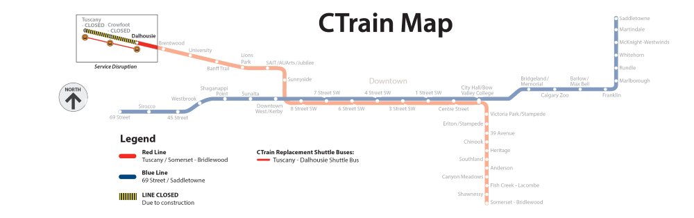 calgarytransit's tweet image. RED LINE CLOSURE: Attn #CTRiders and Red Line customers – the Red Line will be closed from Dalhousie Station and Tuscany Station on May 2-3. Shuttle buses will replace train service between these stations. For more info, visit: ow.ly/hP4K50YQOkU