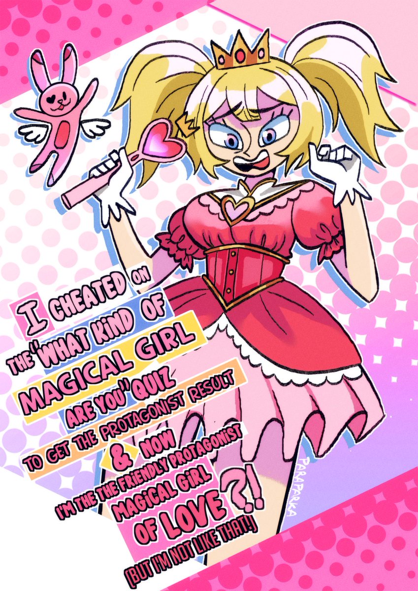 paraparkaWorks's tweet photo. fake digital art cover  parody of those visual novels with long tittles.
"I cheated on the "What Kind of Magical Girl Are You?" quiz to get the protagonist result and now I'm the "friendly" protagonist magical girl of love?! (But I'm not like that!) https://t.co/ZRy1SABqIr