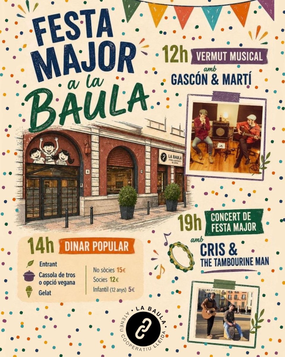 labaulalleida's tweet photo. PER FESTA MAJOR, TOTES A LA BAULA! 🥳✨

🎶 12h Vermut Musical amb Gascón &amp; Martí
🥘 14h Dinar Popular
🎸 19h Concert de Festa Major amb Cris &amp; The Tambourine Man

⚠️Reserva el teu tiquet per al dinar aquí:
https://t.co/xNorFRpACo

Us esperem a totes!🎊 https://t.co/FnCe5q8hkU