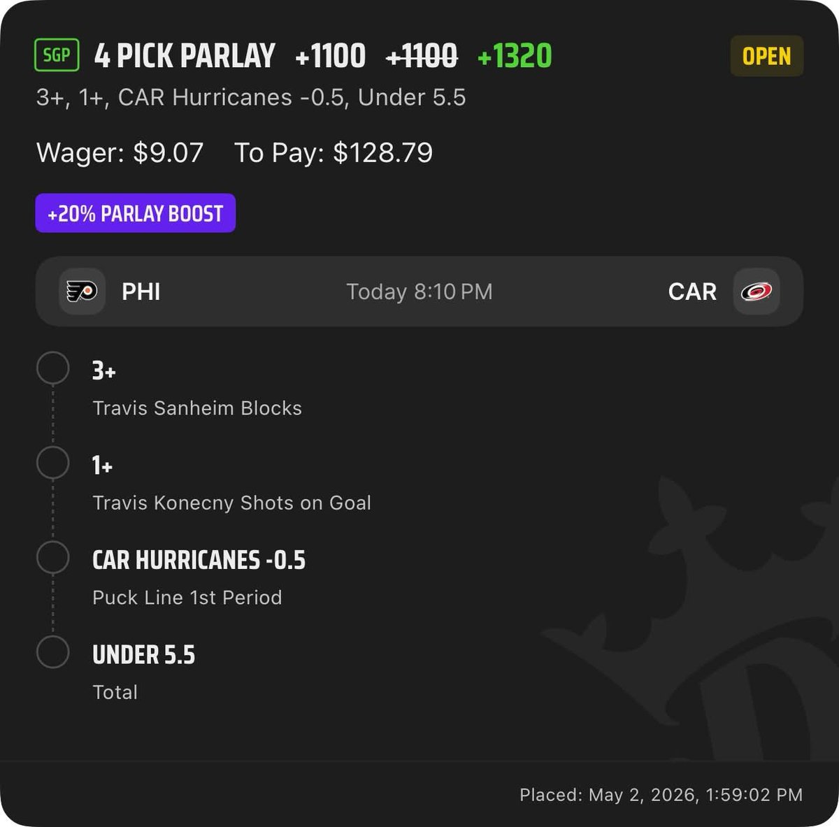 GhostEVplays's tweet image. 🏒 DraftKings NHL SGP Boost

🏒 +1320 (FV +1231.02)
+EV: 6.64%
Playing: 0.05 Unit Max

#draftkings #sports #nhl #hockey