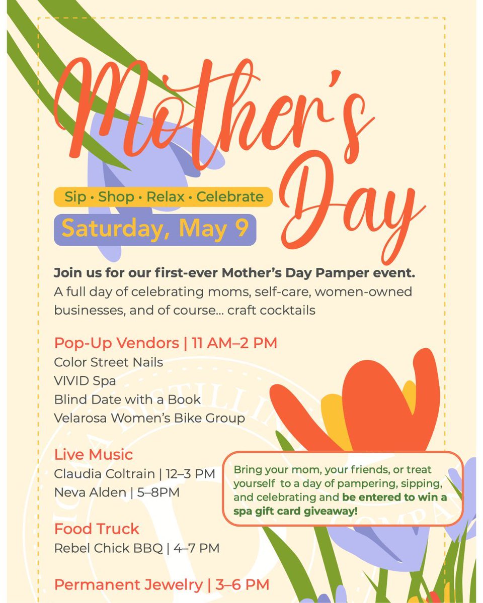 IowaDistilling's tweet image. ONE WEEK AWAY! 💐 

Join us for our first-ever Mother's Day Pamper event. A full day of celebrating moms, self-care, women-owned businesses, and of course... craft cocktails. 🍹 

Enjoy Pop-Up Vendors 11 AM - 2 PM
Live music throughout the day

#mothersday #mothers #spaday