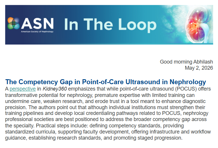 NephroP's tweet photo. Nice to see our #POCUS perspective featured in @asnpublications "In The Loop". Encouraging to see POCUS getting more thoughtful attention in #nephrology; still a lot of work ahead on developing training standards. @AmirKazory @nephrothaniel 
🔗https://t.co/UnKzJEEeKH https://t.co/3H8ebDdNtZ