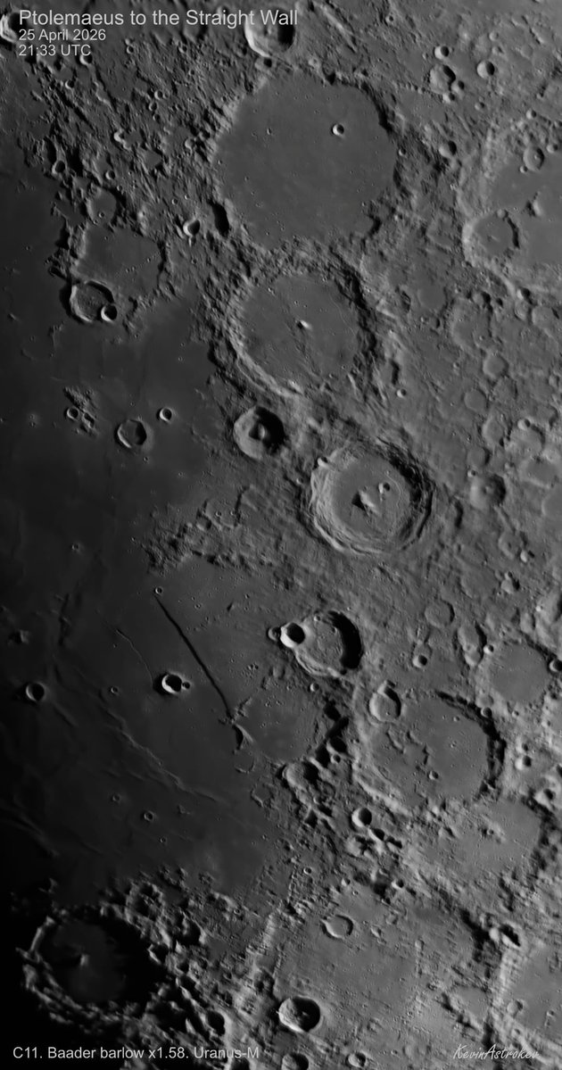 The Prolemaeus crater chain and Straight Wall region, taken on the 25th.
Ptolemaeus is a great target to test scope resolution. Smallest craterlets visible are around 1.5km across. 

C11 with a x1.58 barlow and Uranus-M camera.