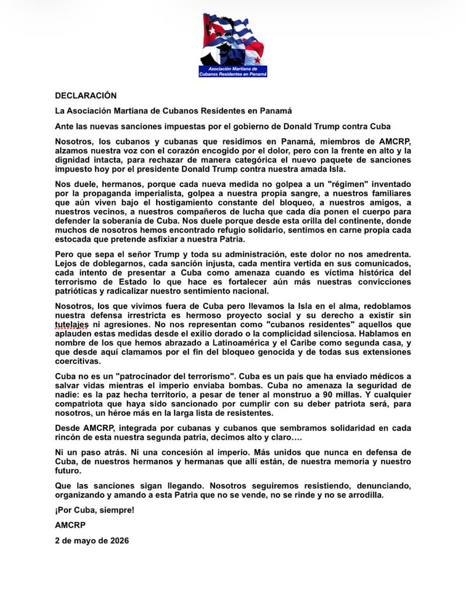 NacionyEmig's tweet image. 🗣️| Asociación Martiana de Cubanos Residentes en #Panamá:

"Ni un paso atrás. Ni una concesión al imperio. Más unidos que nunca en defensa de #Cuba, de nuestros hermanos y hermanas que allí están, de nuestra memoria y nuestro futuro."

#JuntosXCuba 
#LaPatriaSeDefiende
