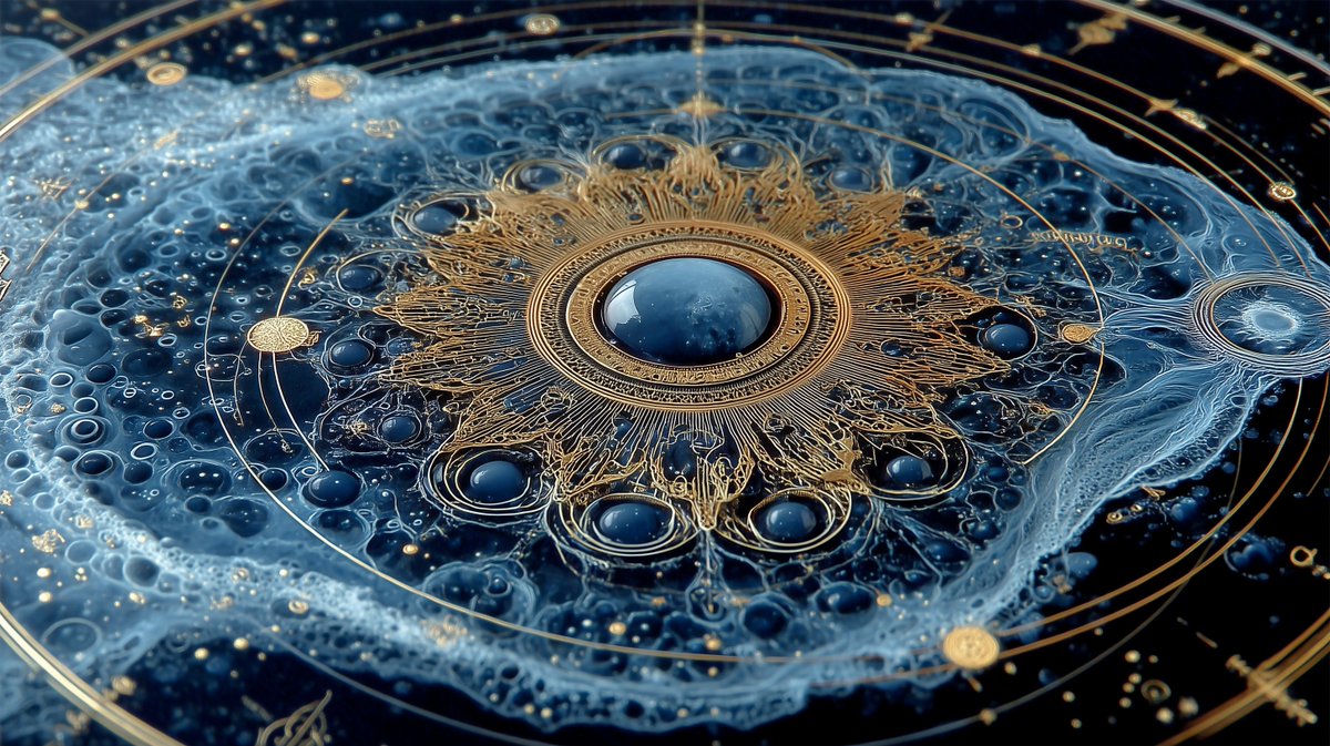 VJAurel's tweet image. Une rosace, une mer de bleu, et au centre quelque chose entre astre, bijou et mémoire liquide.
#Midjourney #AIart #GenerativeArt #ArtDirection #DigitalArt #ConceptArt #VisualDesign #SciFiArt