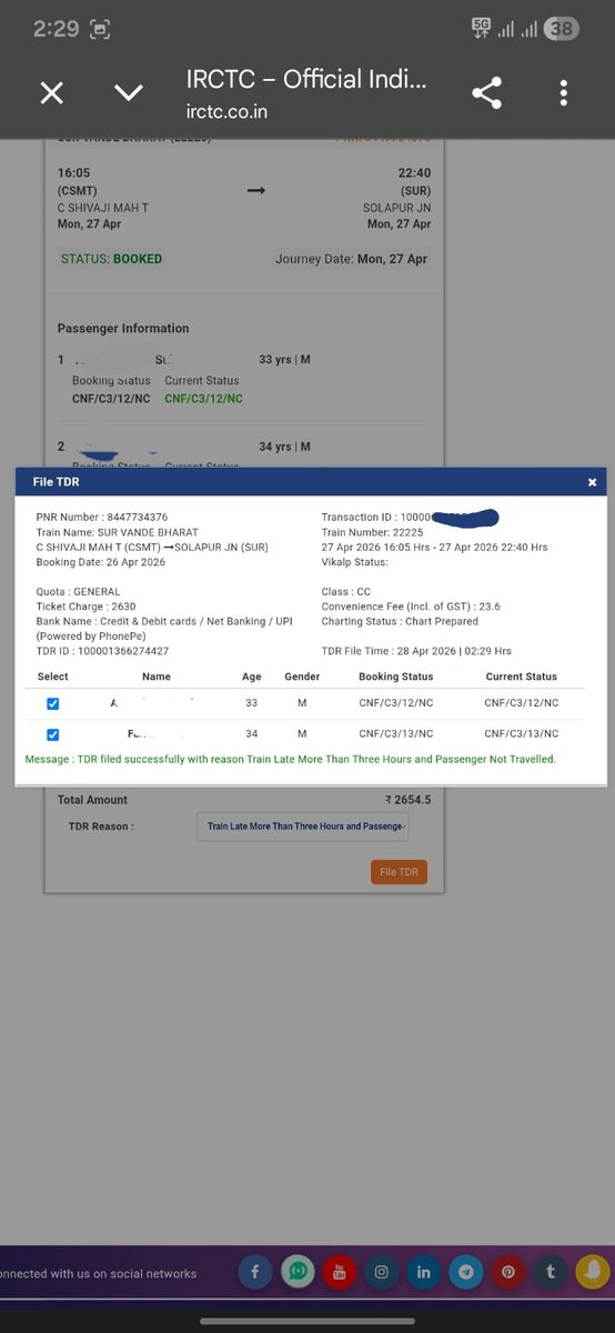 AmeerJamdar's tweet image. @RailMinIndia @IRCTCofficial
PNR 8447734376 |Vande Bharat 22225(27 Apr).Train delayed&amp;gt;3 hrs; passengers were instructed to file TDR if not travelling.I complied,yet refund is wrongly rejected.
Faced hardship &amp;amp; paid extra to reach home.
Please review &amp;amp; refund.
#IRCTC #RefundIssue