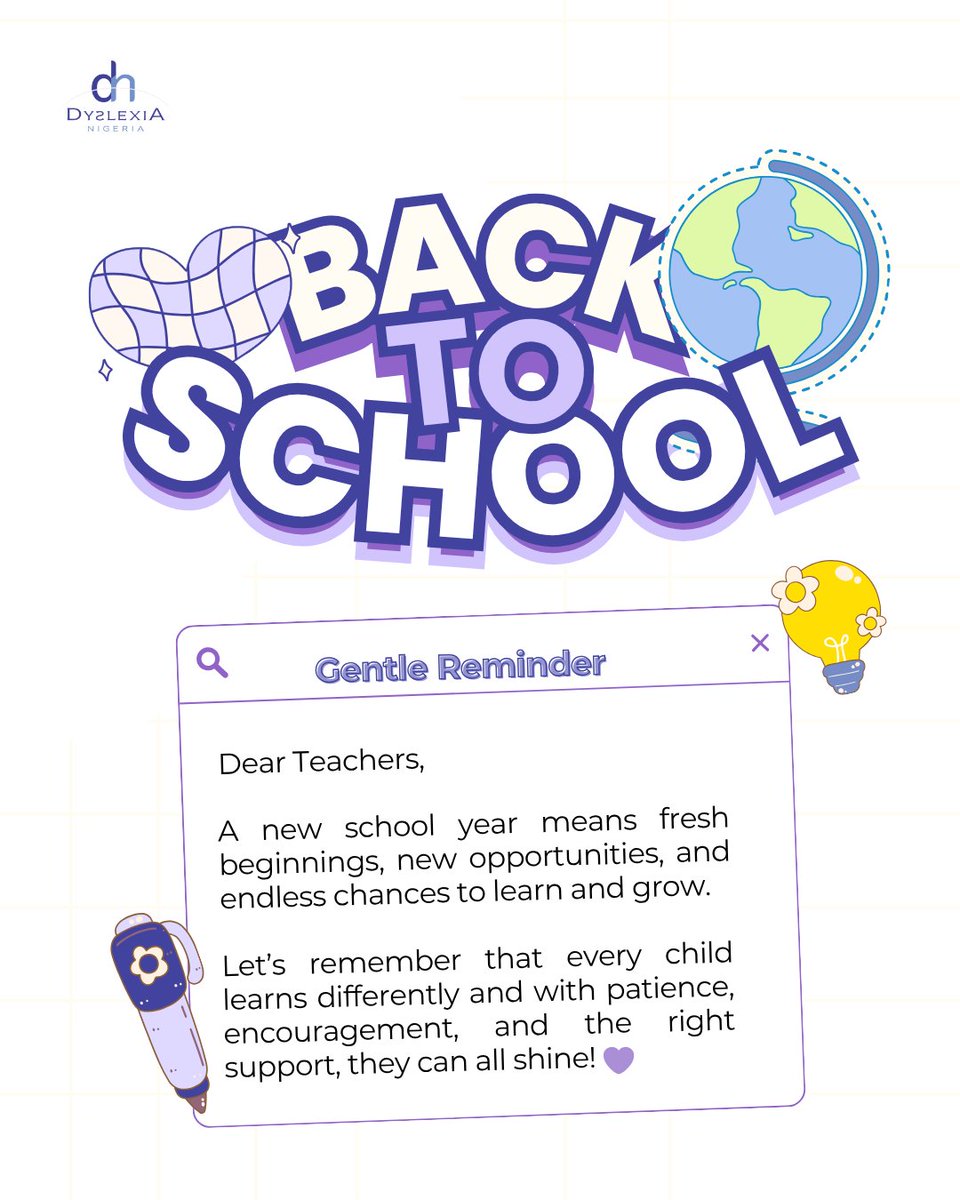 Dyslexia9ja's tweet image. Ahead of resumption, wishing you a term where every learner is seen and supported💜

#dyslexianigeria #backtoschool #dyslexiaawareness