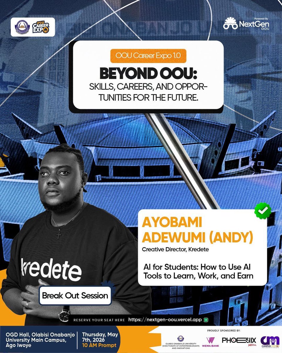 nextgenoou's tweet photo. If you’re not using AI yet, you’re already behind.
Meet one of our breakout speakers:
 Ayobami Adewunmi (Creative Director, Kredete • OOU Alumni)
AI for Students: How to Use AI Tools to Learn, Work, and Earn
This is not theory. https://t.co/po8ANpaVuv