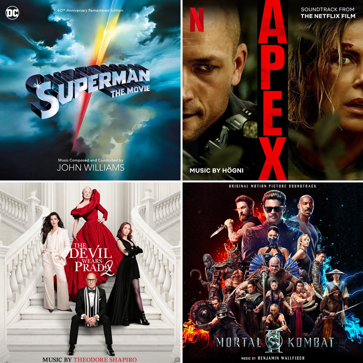 ian_dachs's tweet image. TIP na soundtrack

🎧 Superman: The Movie • 40th Anniv. Remastered Limited Edition
🎧 Apex
🎧 The Devil Wears Prada 2
🎧 Mortal Kombat II

#Soundtrack #Score #Movies #Superman #JohnWilliams #Apex #Högni #TheDevilWearsPrada #TheodoreShapiro #MortalKombatII #BenjaminWallfisch